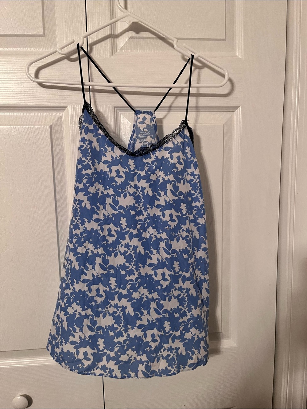 New York & Company Blue and White Floral Lace-Trim Cami